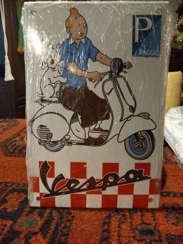 Super mooi emaile bordje  30x21cm   Vespa scooter  Kuifje, Ophalen of Verzenden, Zo goed als nieuw, Reclamebord