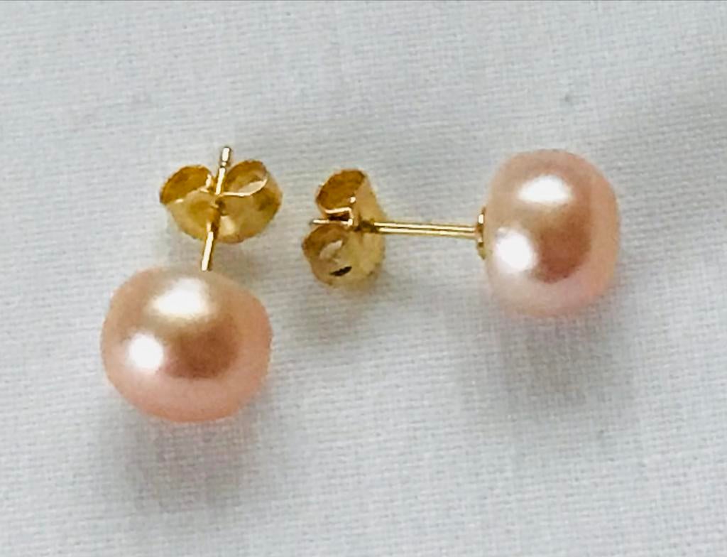 Zalmroze Zuidzee parel oorbellen 14K, Paars, Nieuw, Ophalen of Verzenden, Knopjes of Stekers