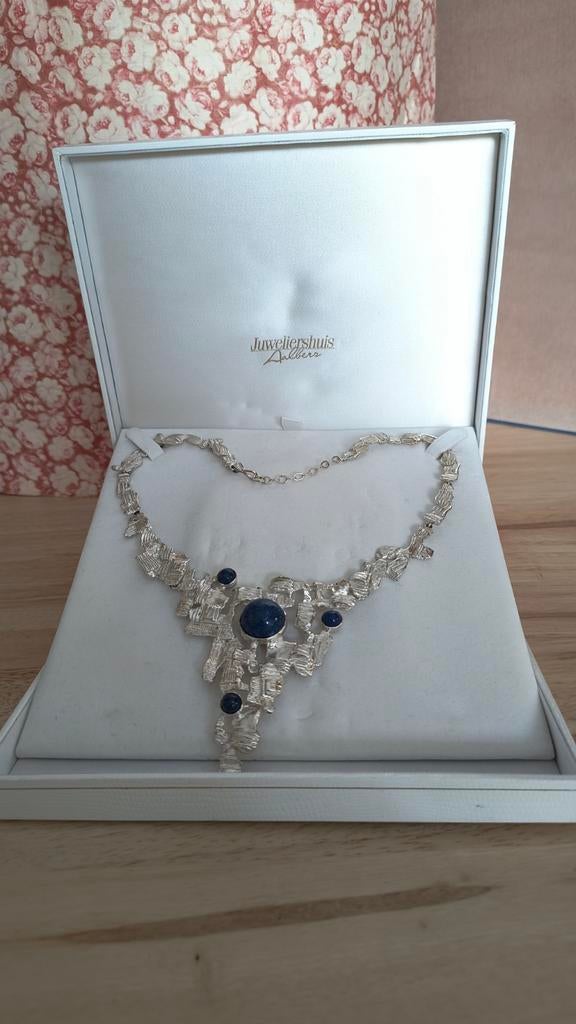 Design zilveren halscollier zilver met lapis lazuli '60/'70, Ophalen of Verzenden, Zilver