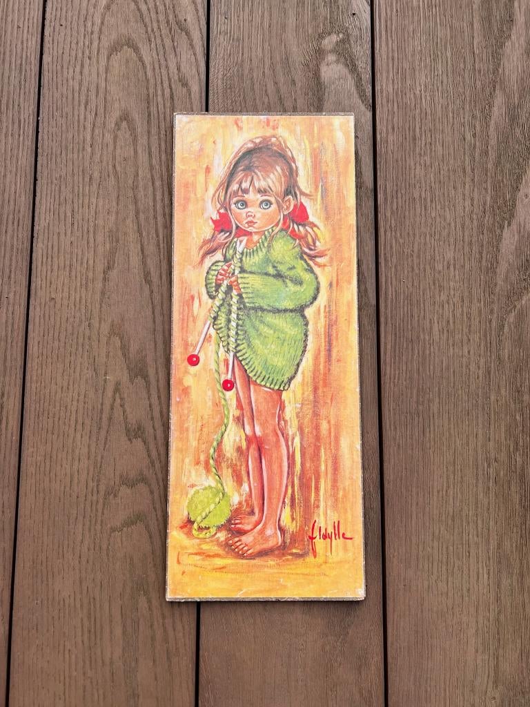 Retro print big eyes Falconi meisje met breiwerk, Verzamelen, Verzenden, Huis en Inrichting