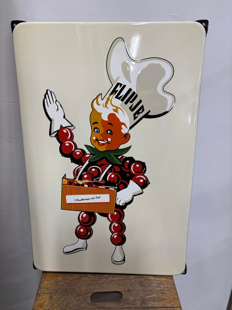 Emaille Flipje Tiel bord - 't Fruitbaasje van Tiel, Antiek en Kunst, Antiek | Emaille, Ophalen of Verzenden