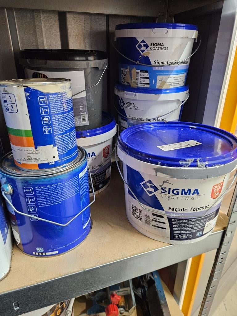 Grote partij verf en muurverf - Sigma Coatings, SPS, Sikkens, Overige kleuren, Ophalen of Verzenden, 20 liter of meer, Verf