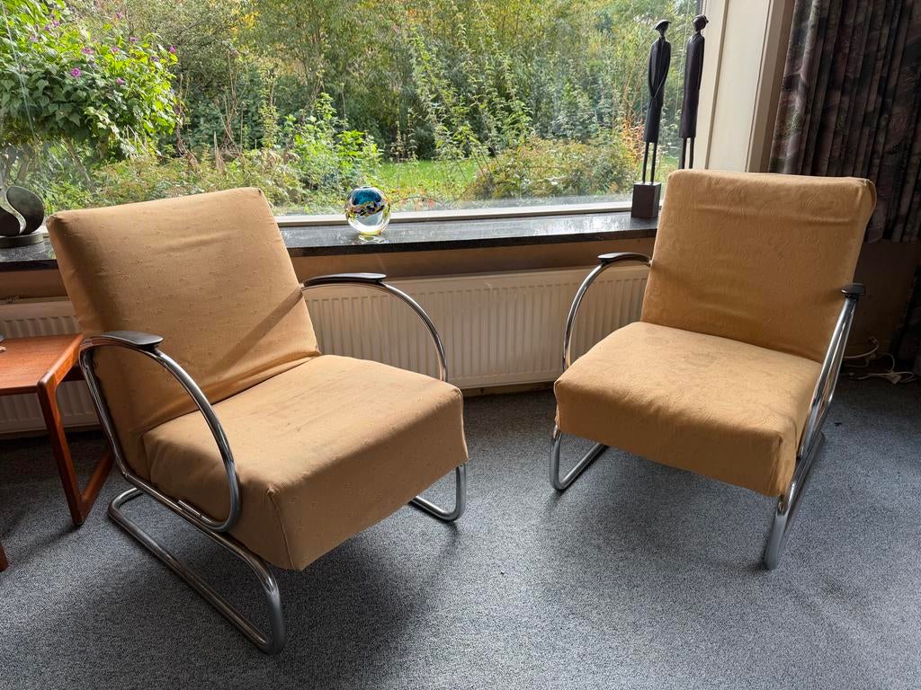 Gispen 407 fauteuils incl mimi bijzettafels - Vintage, Huis en Inrichting, Fauteuils, Ophalen, Gebruikt, 75 tot 100 cm, Metaal