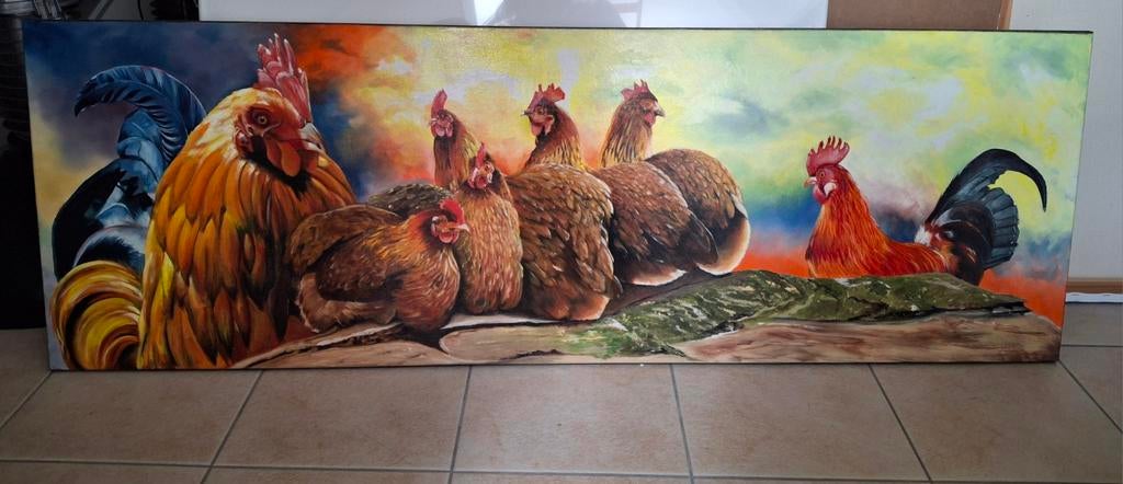 Lang schilderij van kippen, Huis en Inrichting, Woonaccessoires | Schilderijen, Tekeningen en Foto's, Ophalen, Zo goed als nieuw