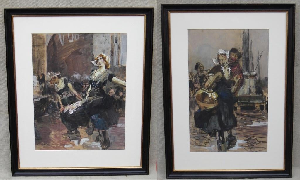 Aquarel, 2x Haven van Volendam, Erich Kips, Ophalen