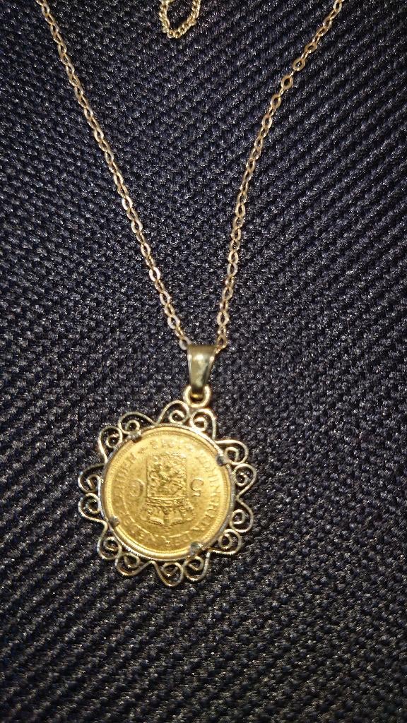 Gouden 5 gulden Wilhelmina met ketting, Ophalen of Verzenden, Goud, Hanger