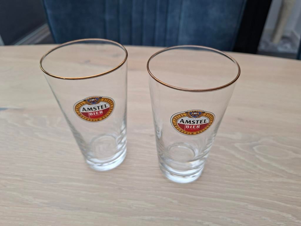 2 Amstel Bier glazen met gouden rand, Ophalen of Verzenden, Zo goed als nieuw, Bierglas