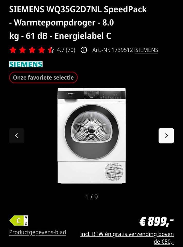 Warmtepomp droger 8kg Siemens, Witgoed en Apparatuur, Wasdrogers, 6 tot 8 kg, Ophalen, Zo goed als nieuw, 85 tot 90 cm