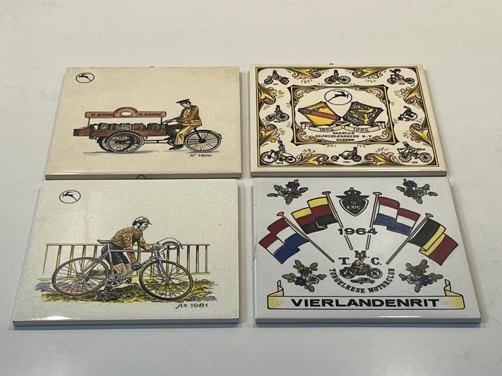 4x Gazelle fietsen wandtegels Plateelbakkerij Schoonhoven, Verzenden