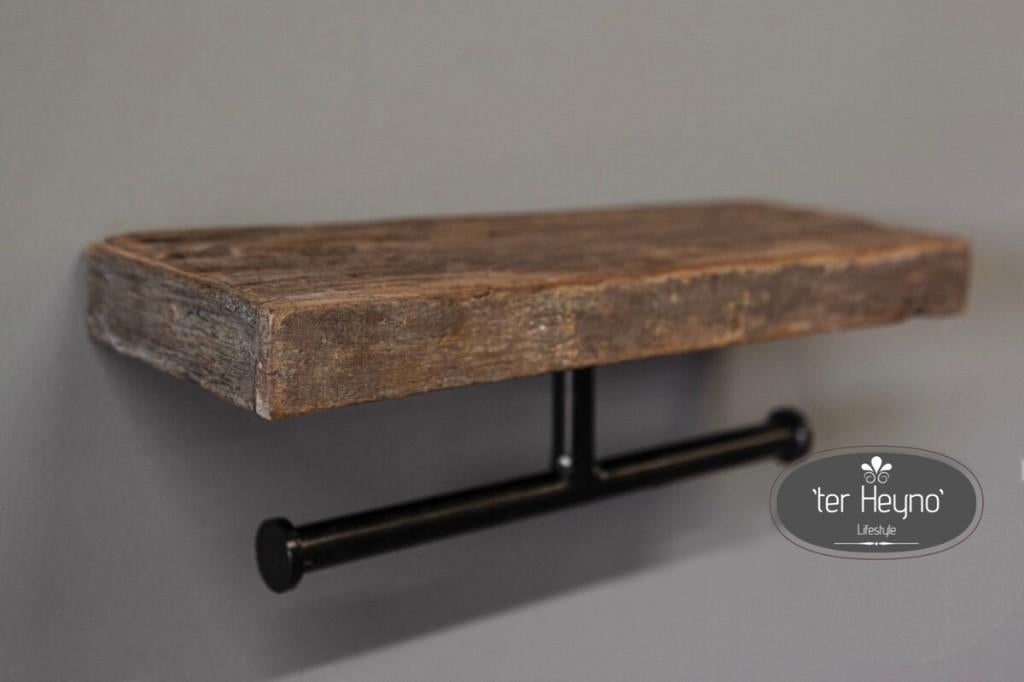 Oud houten toiletrol houder dubbel hout toilet stoer sober, Verzenden, Nieuw