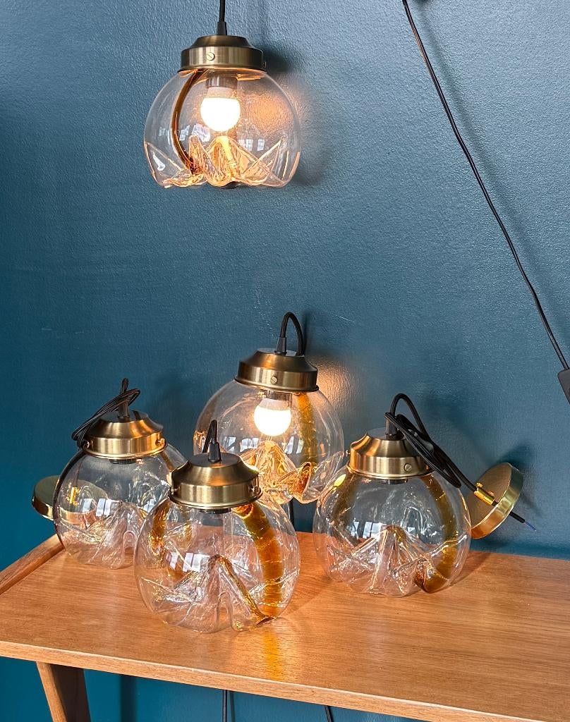 Murano Mazzega hanglamp, oranje, messing, Italiaans glas, Ophalen of Verzenden, Zo goed als nieuw, Glas, 75 cm of meer