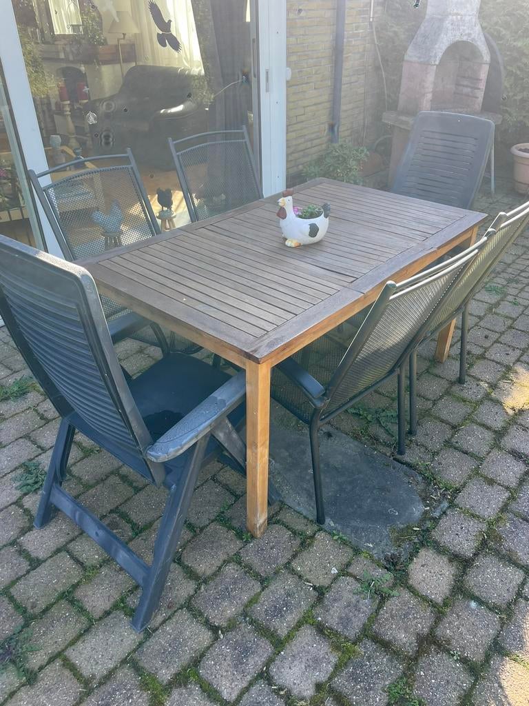 Tuinset houten tafel met stoelen, Ophalen, Gebruikt, 6 zitplaatsen, Tuinset