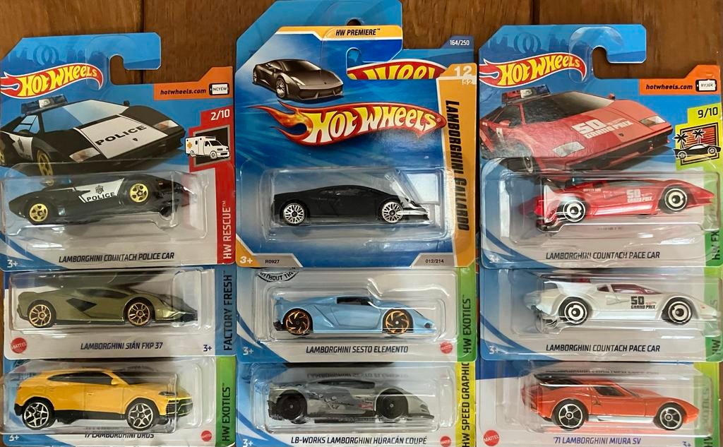 Hot Wheels 1/64 Lamborghini Set: Countach, Miura, Ophalen of Verzenden, Zo goed als nieuw