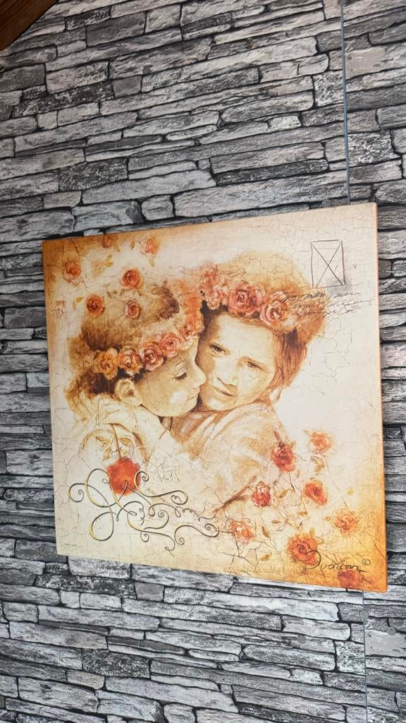 Romantisch schilderij: Twee kinderen met rozenkransen, Antiek en Kunst, Kunst | Schilderijen | Klassiek, Ophalen of Verzenden