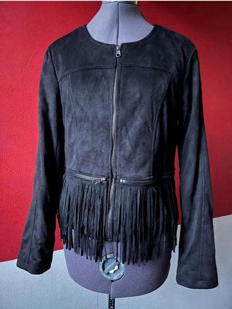 Suedine jasje zwart met franjes van Object maat 40. ZGAN, Kleding | Dames, Maat 38/40 (M), Zwart, Ophalen of Verzenden, Zo goed als nieuw