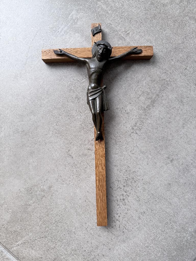 Vintage crucifix kruisbeeld Jezus metalen corpus kruis, Antiek en Kunst, Antiek | Religie, Ophalen of Verzenden