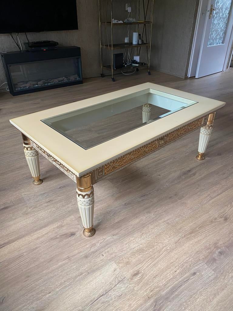 Prachtige vintage Versace salontafel met geslepen glasplaat, Ophalen, Gebruikt, 100 tot 150 cm, 50 tot 100 cm