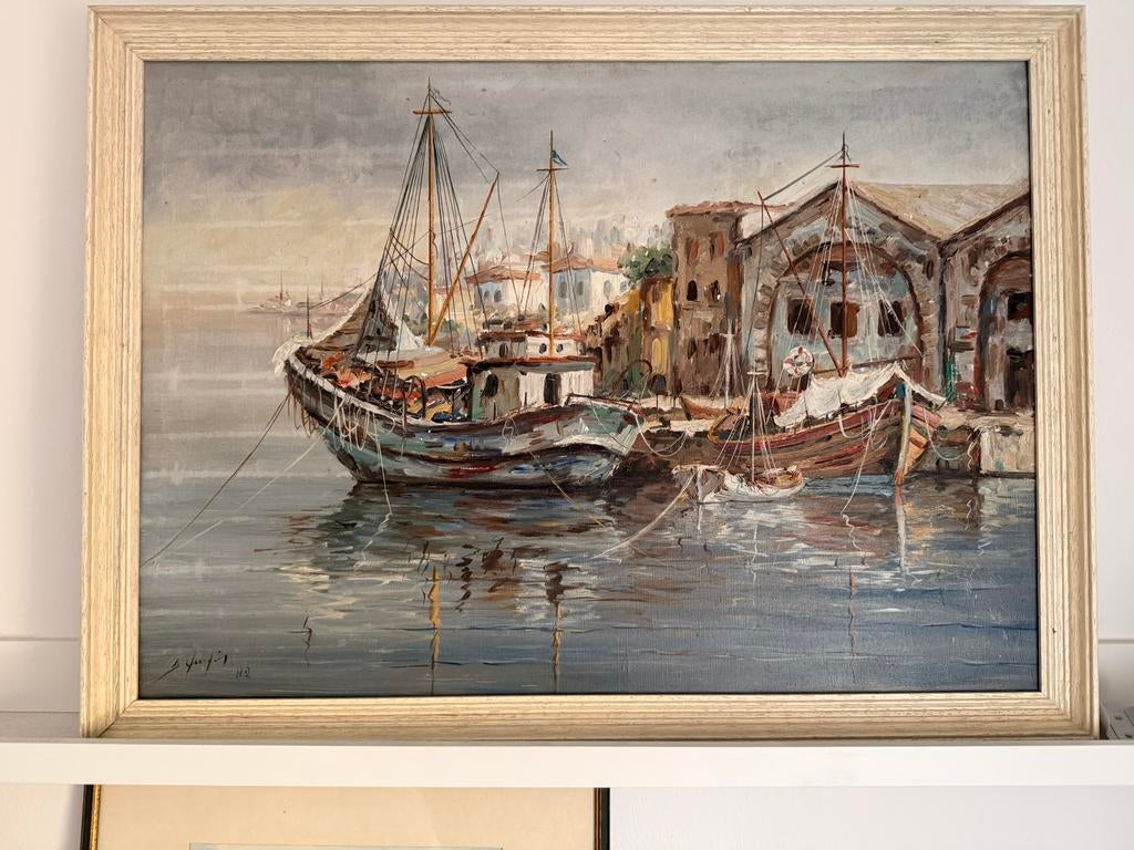 Schilderij met boten in haven, 1982, Ophalen of Verzenden