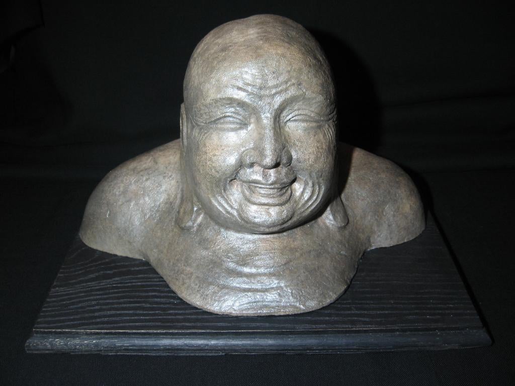 Boeddha hoofd / buste  op houten plankje, Ophalen of Verzenden, Zo goed als nieuw