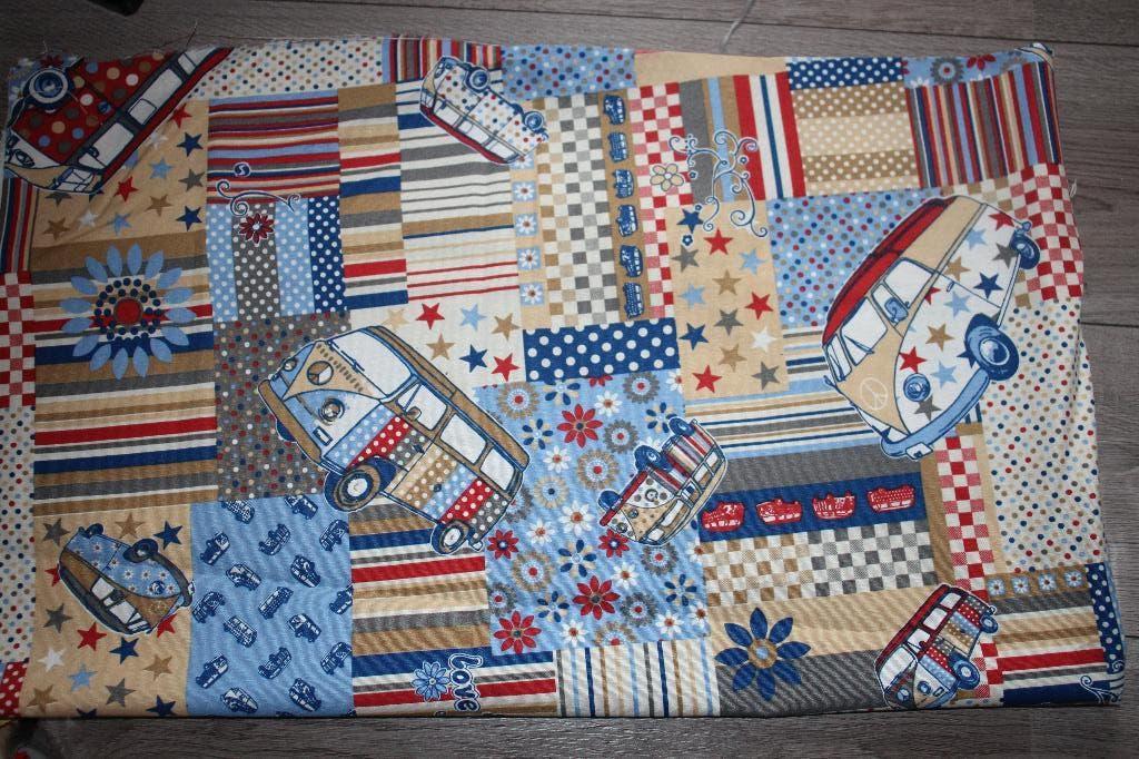 Lap 100% canvas katoen stof - beige blauw VW Bus #3905, Beige, Nieuw, Ophalen of Verzenden, 30 tot 120 cm