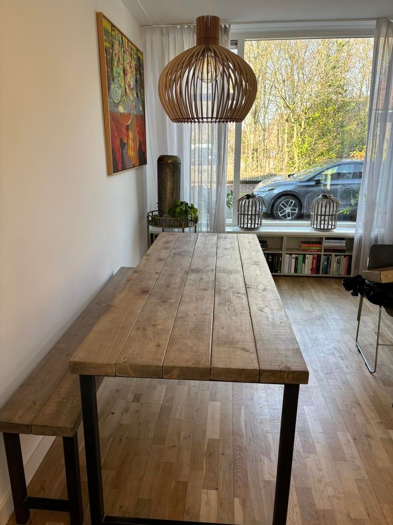 Tafel incl. bijpassende bank, Tuin en Terras, Ophalen, Zo goed als nieuw, Rechthoekig, Hout