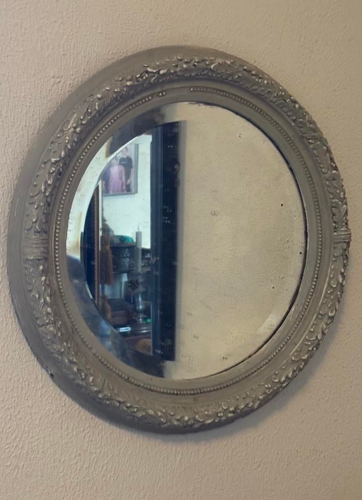 Antieke ronde robuuste  spiegel met geslepen glas, Antiek en Kunst, Ophalen of Verzenden