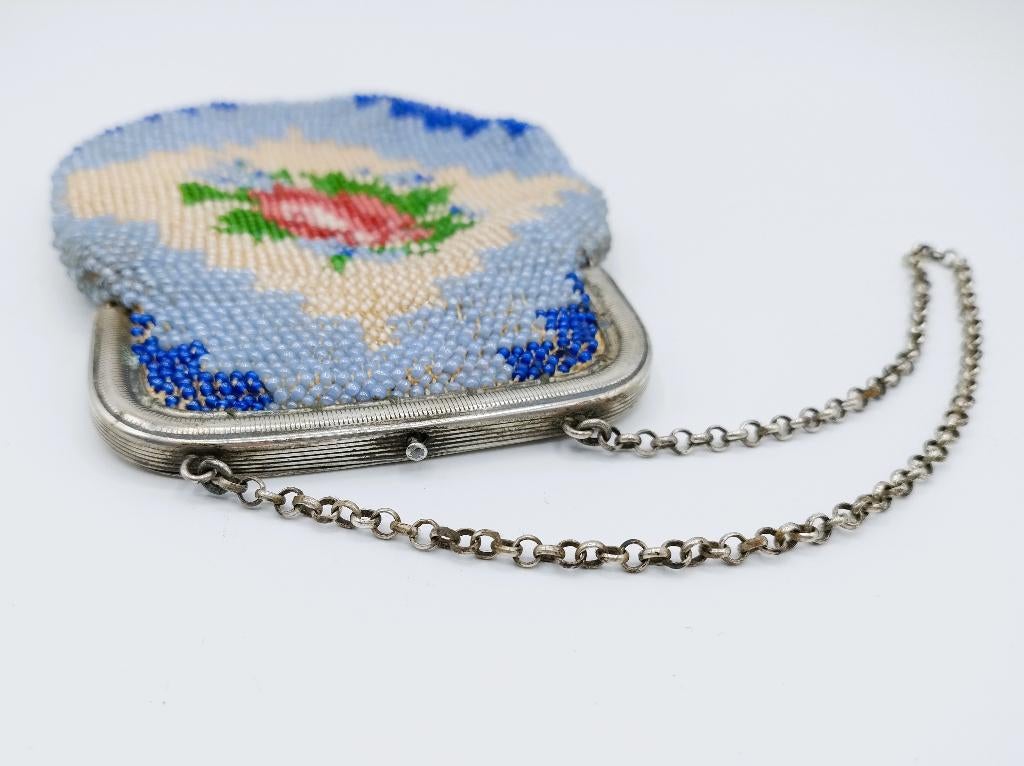 Zilveren beursbeugel met kralentas, 1840, Antiek en Kunst, Verzenden, Zilver