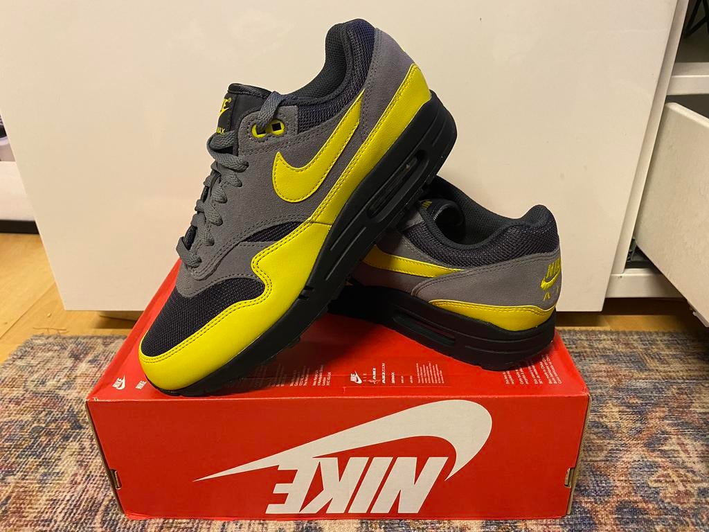 Nike Air Max 1, Black Grey Yellow, Size 42.5, New, Verzenden, Zo goed als nieuw, Overige kleuren