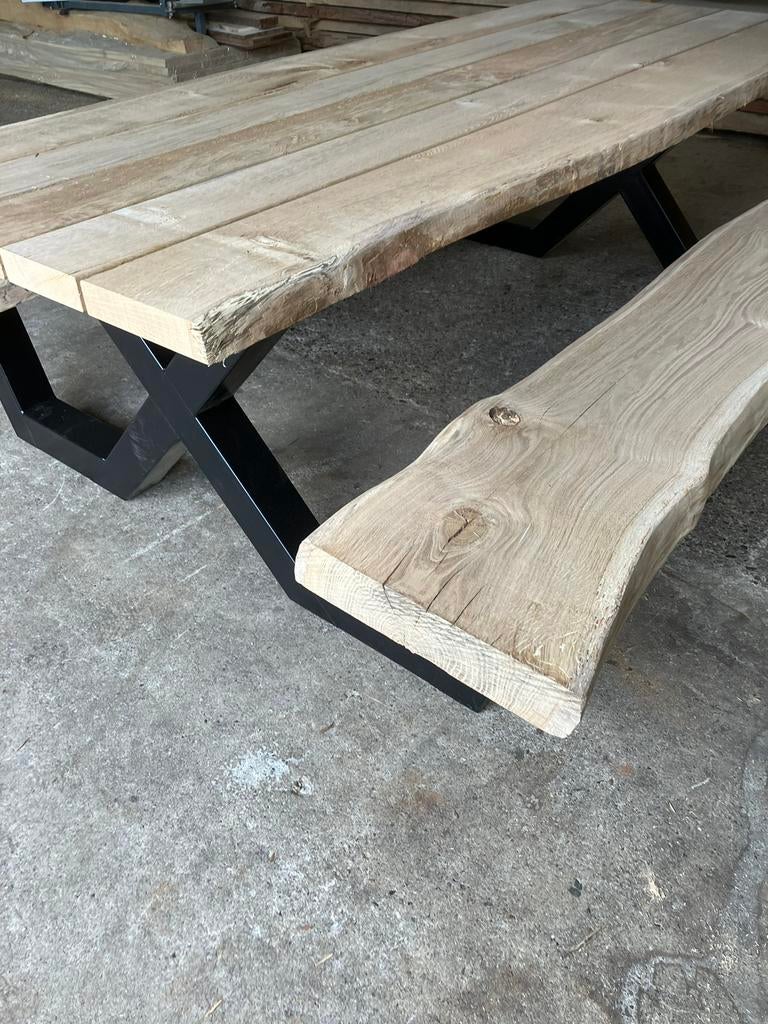 Eiken picknicktafel 250 x 100 cm 5 dik  op voorraad, Tuin en Terras, Picknicktafels, Nieuw, Vierkant, Hout, Ophalen