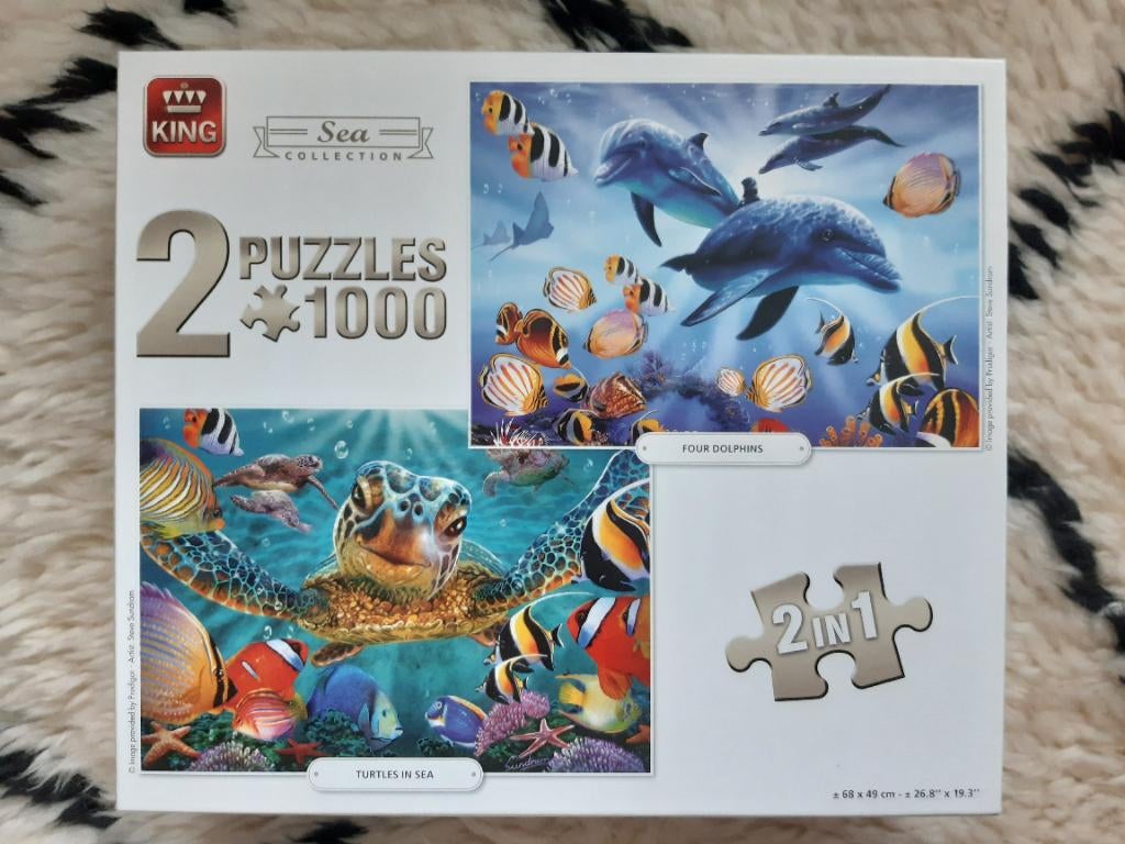 King puzzels dolfijnen en zeeschildpad 2 x 1000 stukjes, Ophalen, 500 t/m 1500 stukjes, Zo goed als nieuw, Legpuzzel