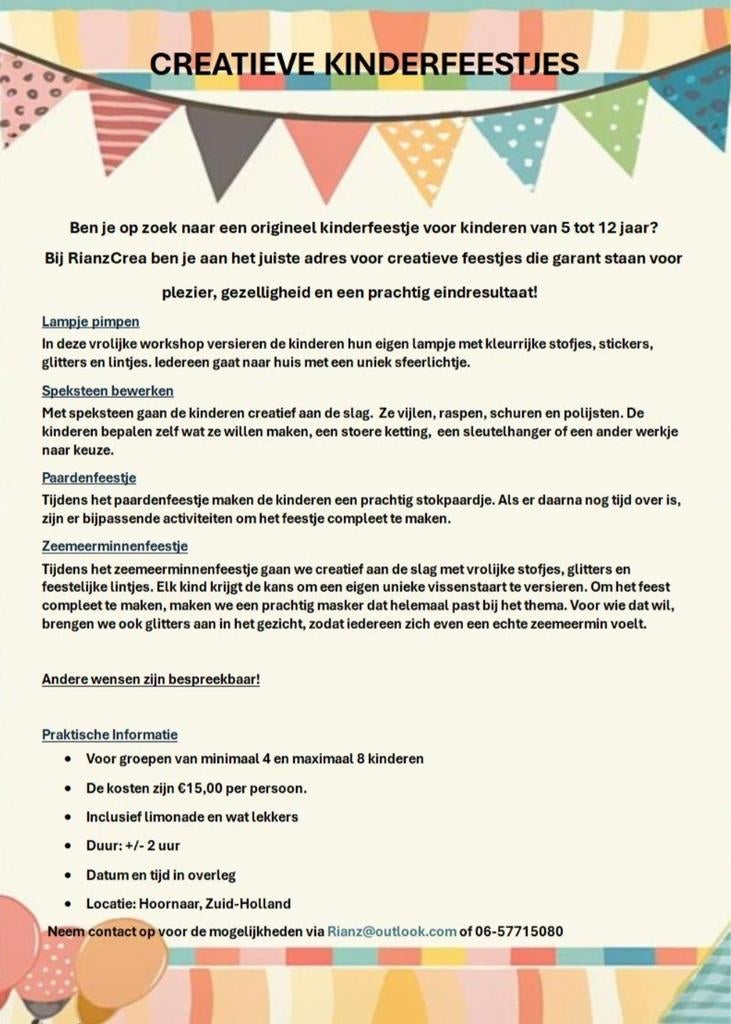 Creatieve kinderfeestjes of workshops, Ophalen of Verzenden, Nieuw