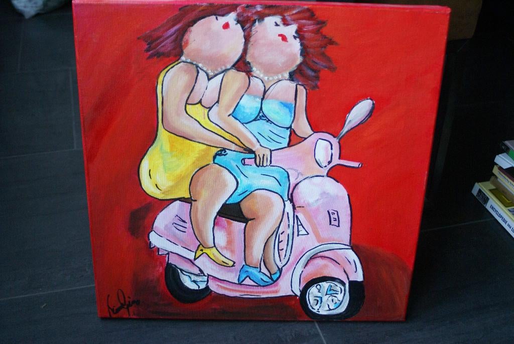 Dikke dames schilderij 'Scooterbabes", Huis en Inrichting, 50 tot 75 cm, Ophalen of Verzenden, Zo goed als nieuw, Schilderij