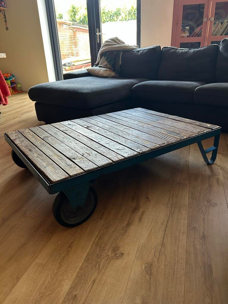 Vintage stalen transportkar bijzettafel origineel, Ophalen, Gebruikt, 100 tot 150 cm, 50 tot 100 cm