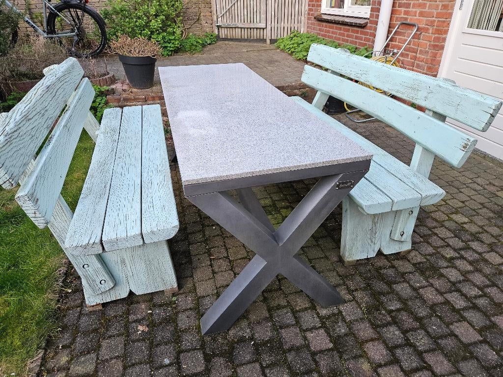 Set eiken tuinbankjes, Tuin en Terras, Tuinbanken, Ophalen, Gebruikt, Hout