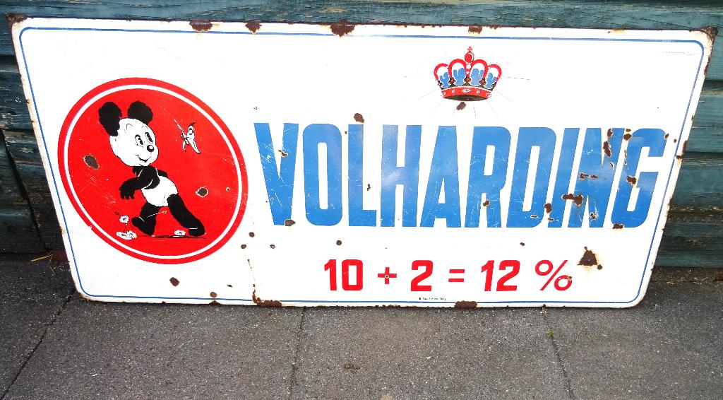 Emaille Reclamebord Volharding met afb. stripfiguur Panda, Verzamelen, Ophalen, Gebruikt, Reclamebord