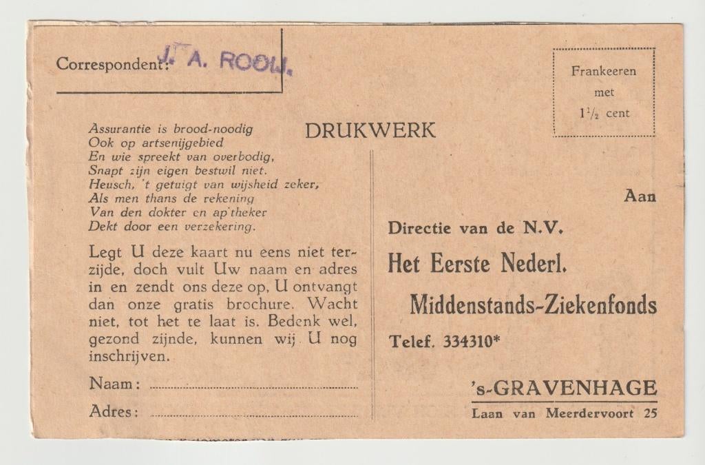 's-Gravenhage - Reclame Middenstands-Ziekenfonds, Ophalen of Verzenden, Voor 1920, Ongelopen, Zuid-Holland