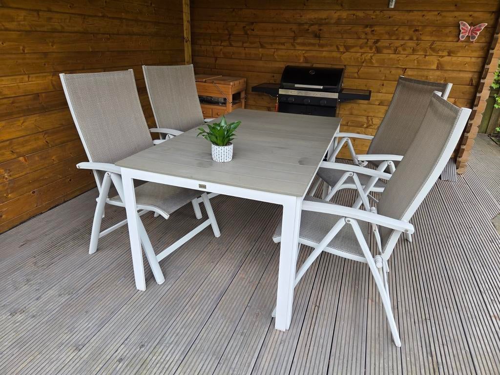 Bellagio Fidenza dining tafel met Elegance standenstoelen, Ophalen, 4 zitplaatsen, Gebruikt, Aluminium