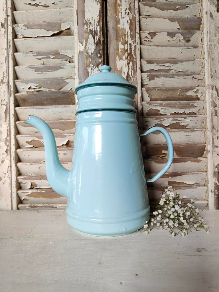 Brocante Franse mintgroene emaille koffiepot, Ophalen of Verzenden