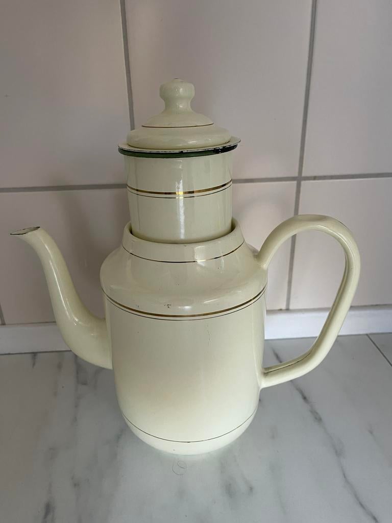 Emaille Koffiepot met filter creme en goudbies, Ophalen of Verzenden