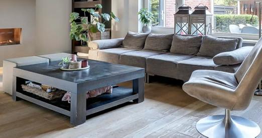 Stoffen bank 4-zits leemkleur & salontafel, Gebruikt, 75 tot 100 cm, Ophalen of Verzenden, Rechte bank