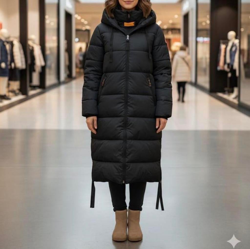 Lange zwarte winterjas met capuchon parajumpers panda, Ophalen of Verzenden, Zo goed als nieuw, Maat 38/40 (M), Zwart