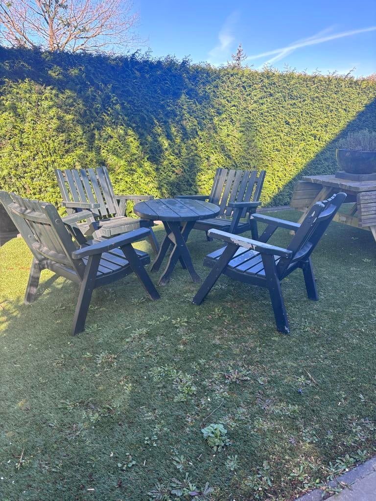 Tuinset hardhout vintage, tafel met 4 stoelen, Ophalen, 4 zitplaatsen, Gebruikt, Eettafel