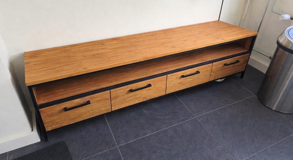 TV-meubel Romaro - Teak massief hout & Metaal 200cm, Ophalen, Teakhout, Zo goed als nieuw, 200 cm of meer