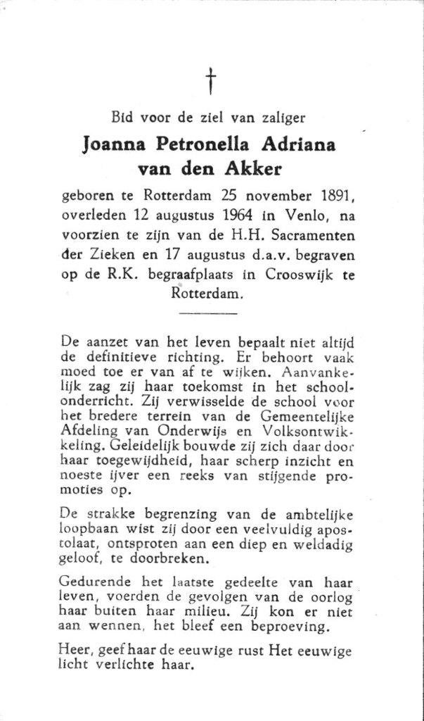 Akker van den Joanna Petronella Adriana 1891-1964 Rotterdam, Ophalen of Verzenden