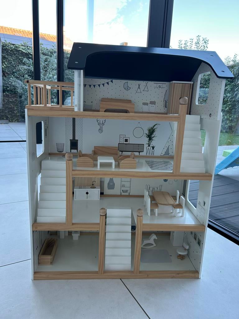 XL HOUTEN POPPENHUIS INCL. MEUBELSET petite amelie, Ophalen, Gebruikt, Poppenhuis