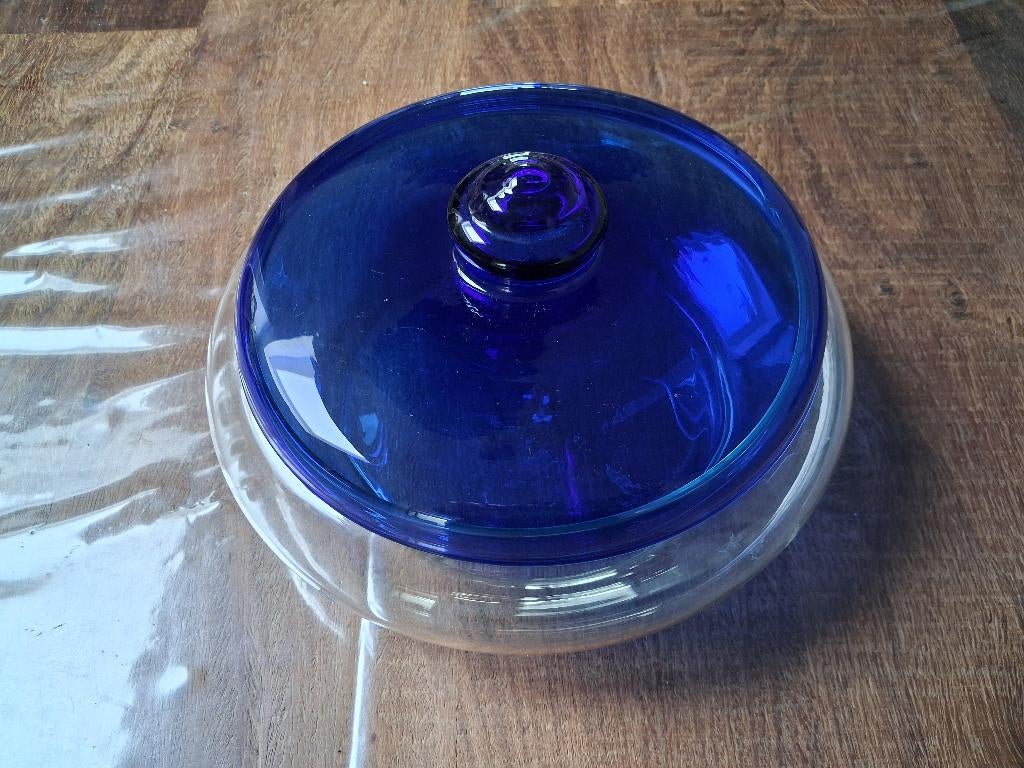 oma's nostalgisch glazen schaal met blauwe deksel / Leerdam, Ophalen of Verzenden