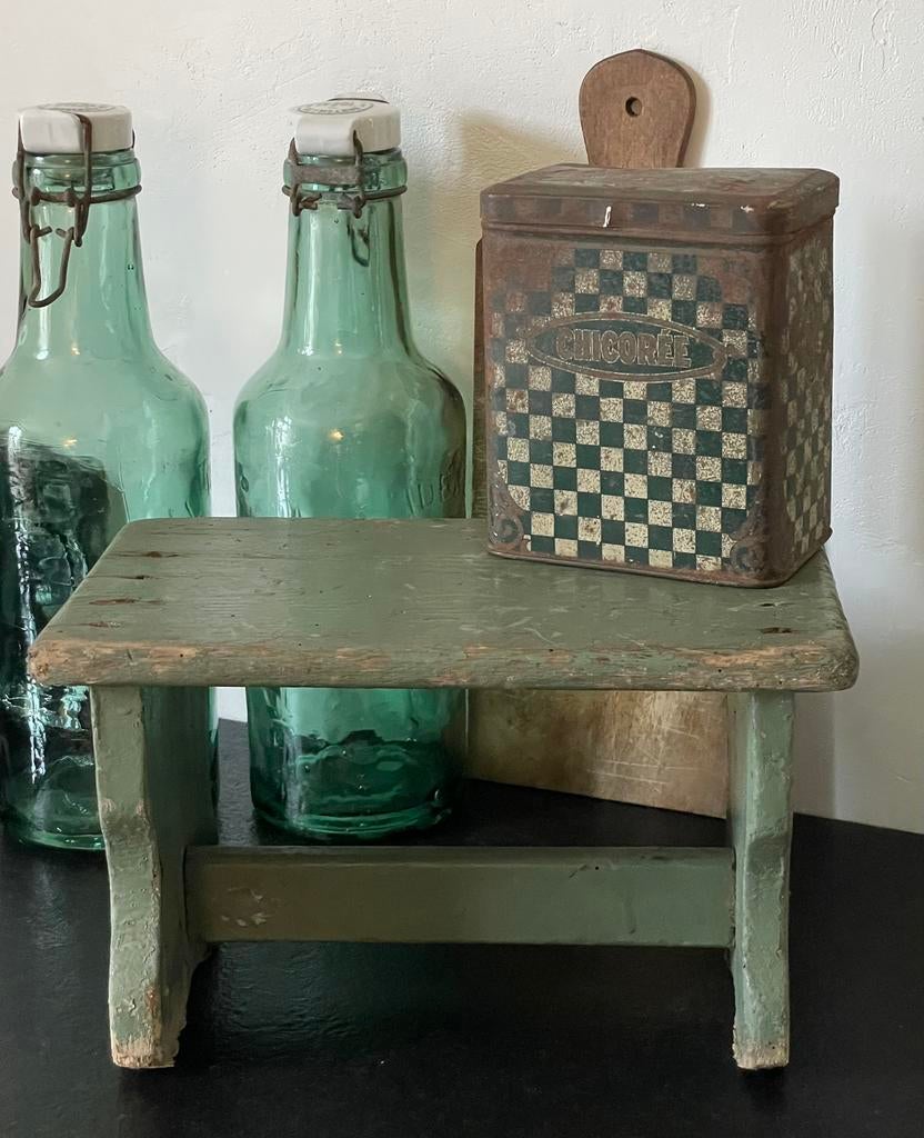 Brocante oud houten opstapje / krukje groen, Ophalen of Verzenden