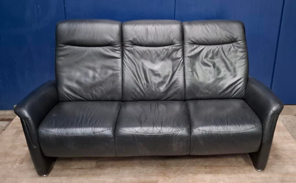 Zwart leren 3 persoons bank, Ophalen, Gebruikt, 150 tot 200 cm, Tweepersoons