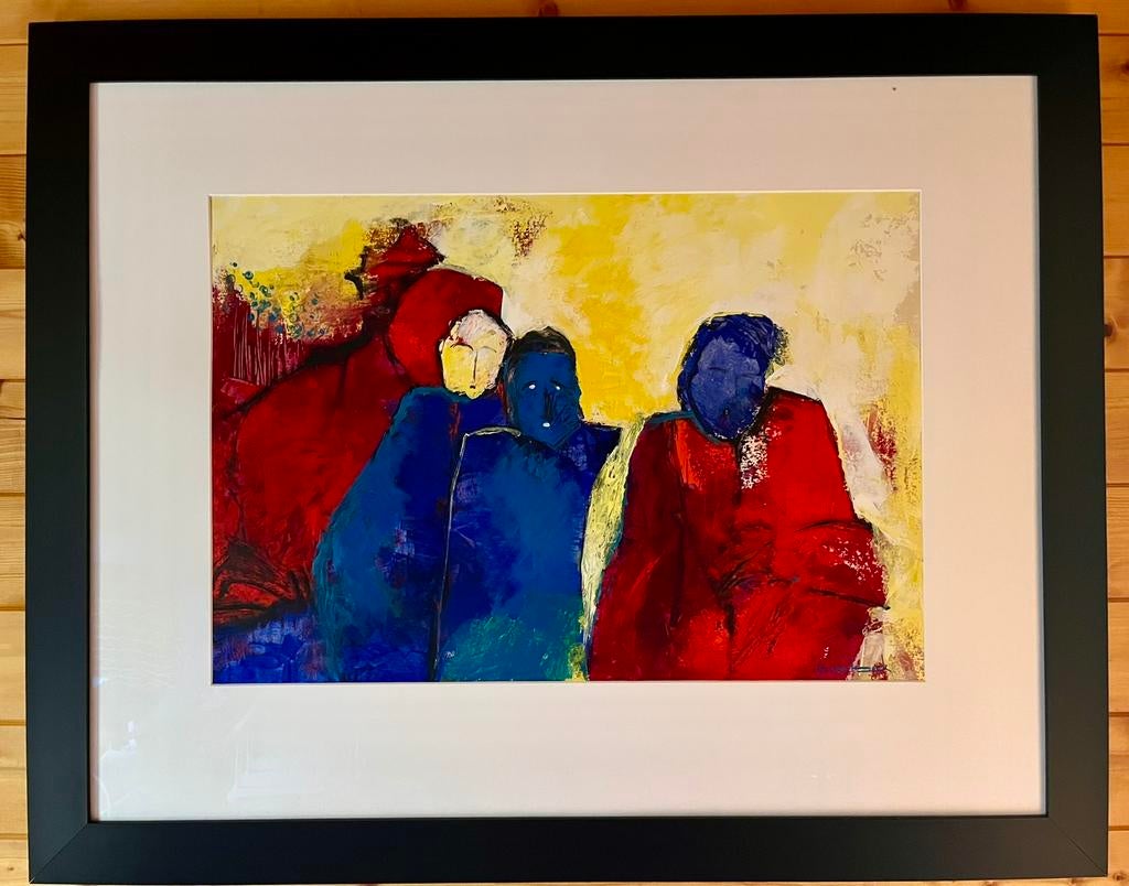 Jos van Beek Figuren rood blauw geel 100x80 incl lijst, Ophalen