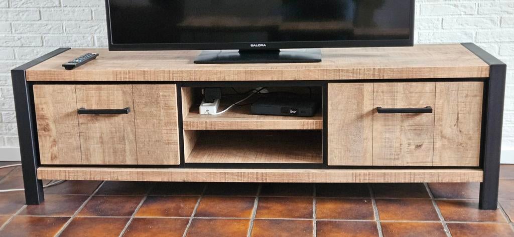 Houten tv dressoir met zwart metalen frame, 150 tot 200 cm, Zo goed als nieuw, Minder dan 100 cm, 25 tot 50 cm
